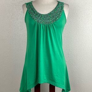 EUC Agenda Womens Green Tank Top with Bedazzled Neck Line Size S